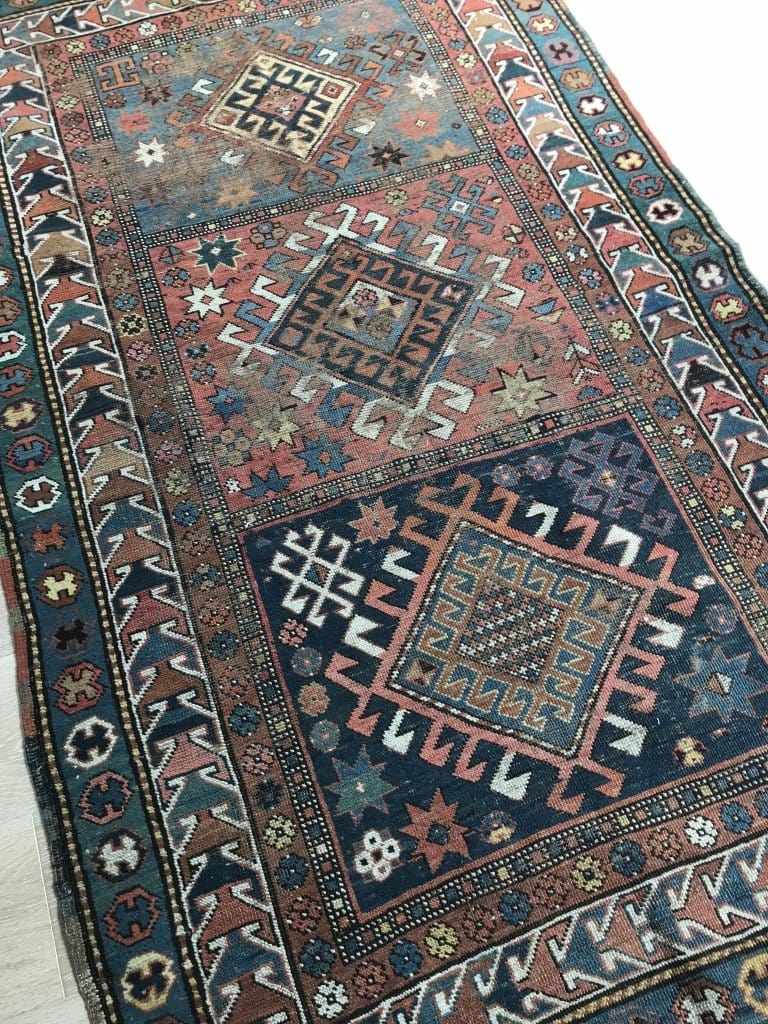 No. 0172 Beautiful Caucasian Kazak faded green blue and red Tribal Design Rug rug Bas