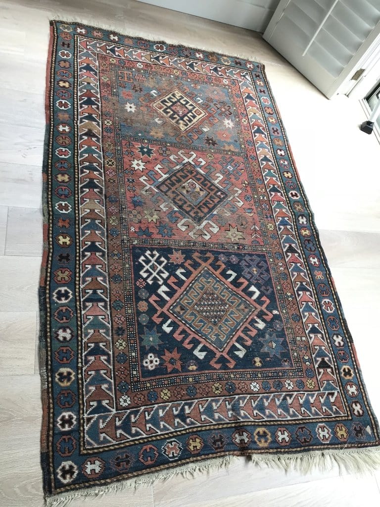 No. 0172 Beautiful Caucasian Kazak faded green blue and red Tribal Design Rug - Saffron Bloom