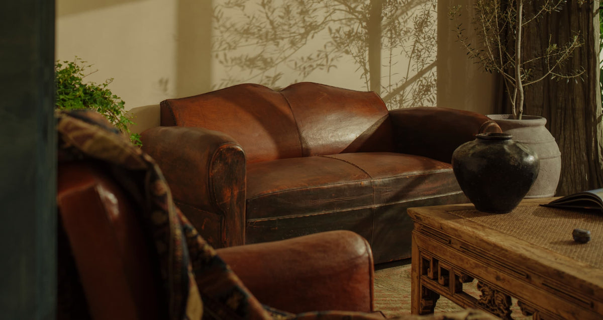 Antique leather sofa in sunlit living room