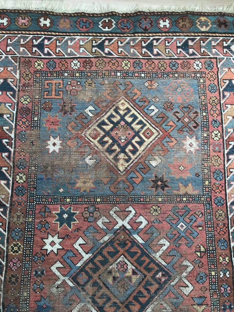 No. 0172 Beautiful Caucasian Kazak faded green blue and red Tribal Design Rug rug Bas 